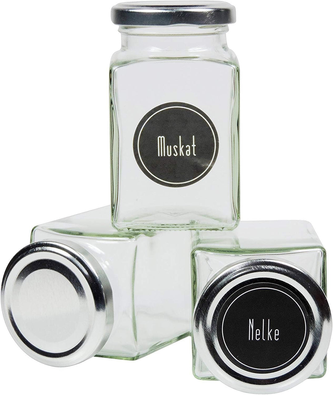 12 eckige Gewürzgläser 260 ml inkl. 24 Gewürzetiketten Deckelfarbe Silber