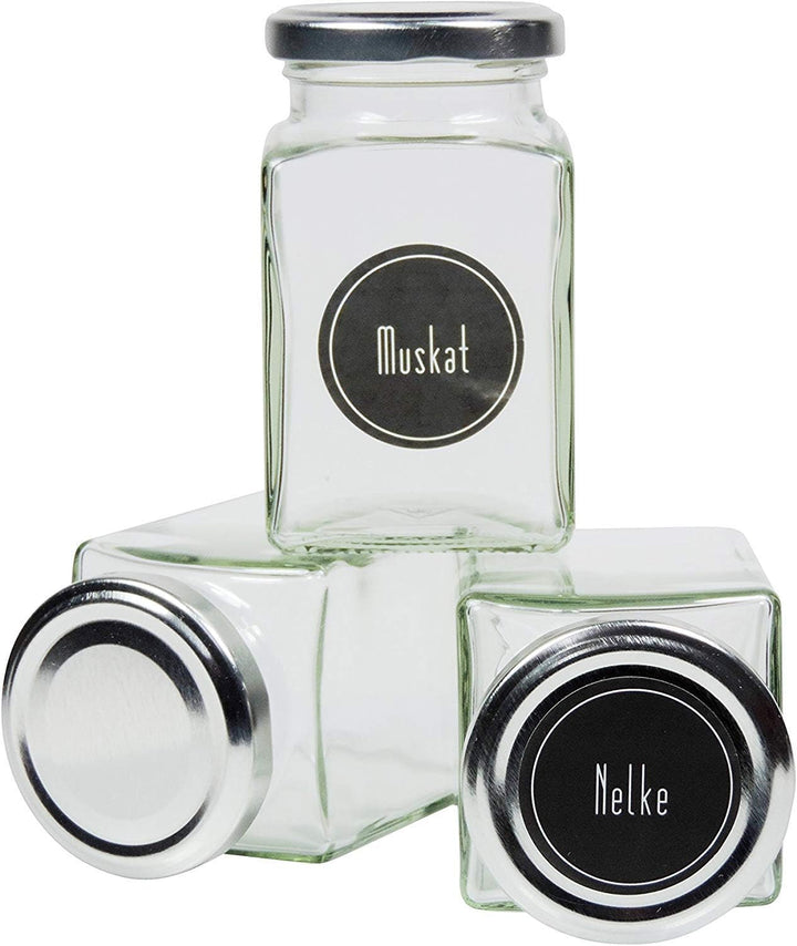 12 eckige Gewürzgläser 260 ml inkl. 24 Gewürzetiketten Deckelfarbe Silber