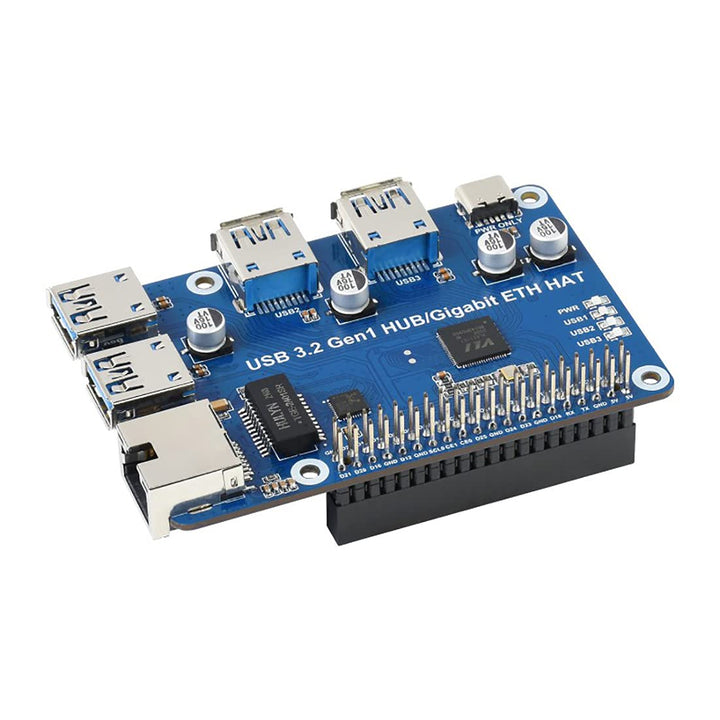 USB 3.2 Gen1 and Gigabit Ethernet HUB HAT for Raspberry Pi Series Board, 3X USB 3.2 Gen1, 1x Gigabit