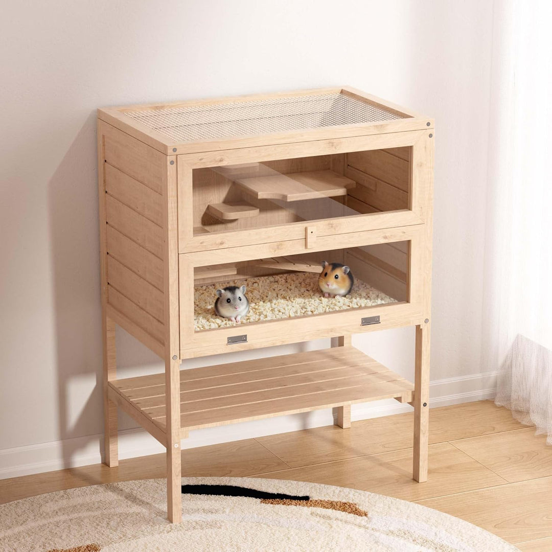 Wiltec 3 Etagen Nagerkäfig, 600 x 400 x 800 mm, aus Holz, mit klappbarem Deckel & Sichtfenster, Klei