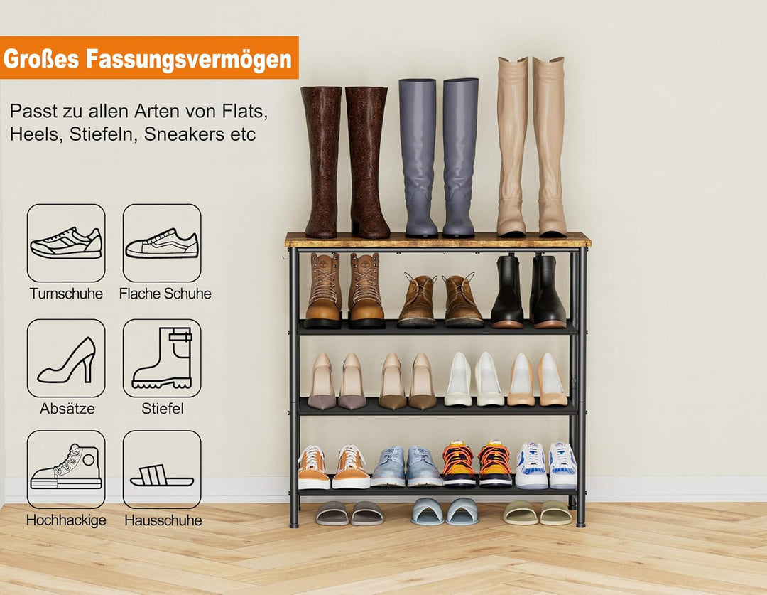 HOMIDEC Schuhregal,4-Ebenen Schuhablage mit Holzbrett als oberstes Regal,Schuhaufbewahrung für 12-16