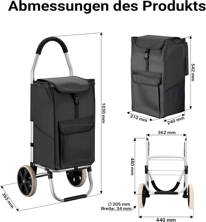 Wiltec Einkaufstrolley klappbar 36,5 x 44 x 103 cm bis 40 kg, Hackenporsche mit Zwei Rädern, Faltbar