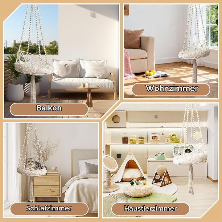 Katzenschaukel, HOVCEH Boho Makramee Katzen Hängematte mit Katzenspielzeug-Stick, 40cm Katzenhängema