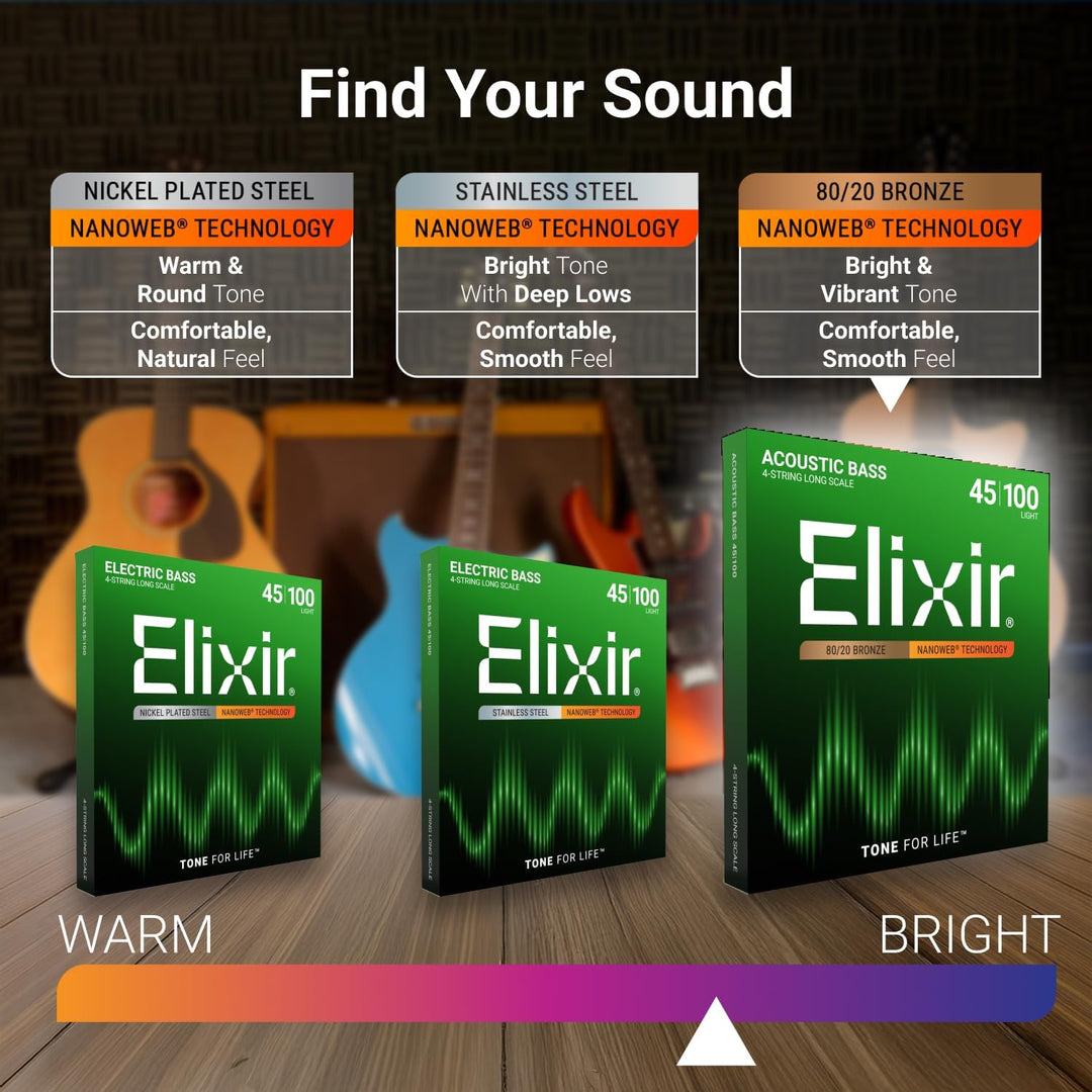 Elixir® Saiten 80/20 Bronze-Akustik 4-str. Basssaiten mit NANOWEB® Beschichtung, Long Scale, Light (