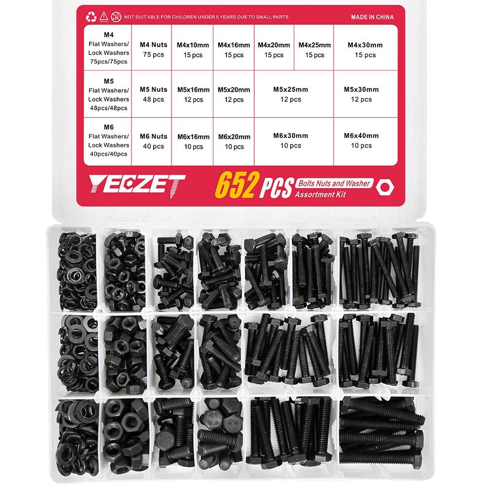 YEEZET 652 Pcs M4 M5 M6 Schrauben Sechskantschrauben Unterlegscheiben Federringe und Muttern Sortime