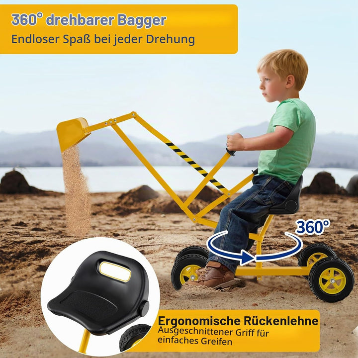 DREAMADE Sandbagger für Kinder, Aufsitzbagger mit 360° drehbarem Sitz, flexiblem Schaufelarm, ergono