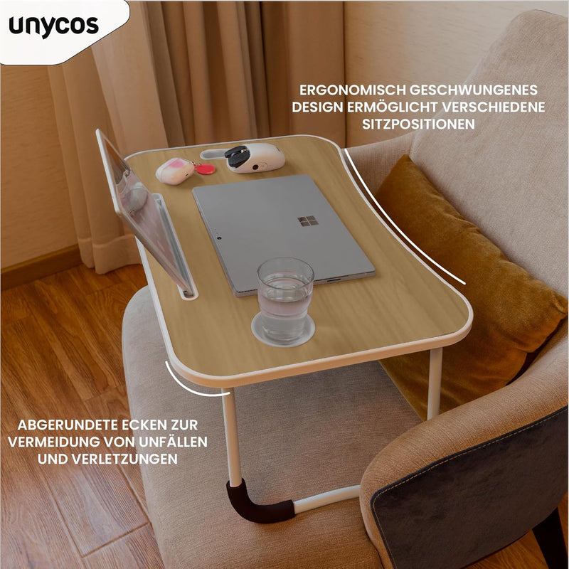 unycos - Klappbarer Laptoptisch, Betttablett, Leseständer, Computertisch, Frühstückstablett, Beistel