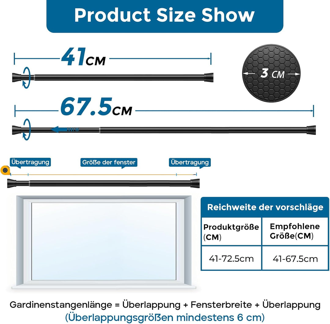 AIZESI 1 Stück Gardinenstange ohne Bohren 40-70cm Ø22mm, Teleskopstange zum Klemmen Klemmstange für