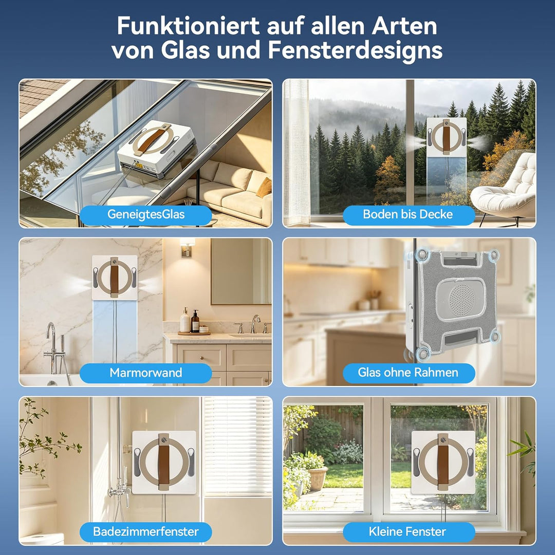 Fensterreiniger mit 4 Sprühdüsen, 8000Pa Saugkraft, Brushloser Motor, Z N Z+N Reinigungsmodi, Fernbe