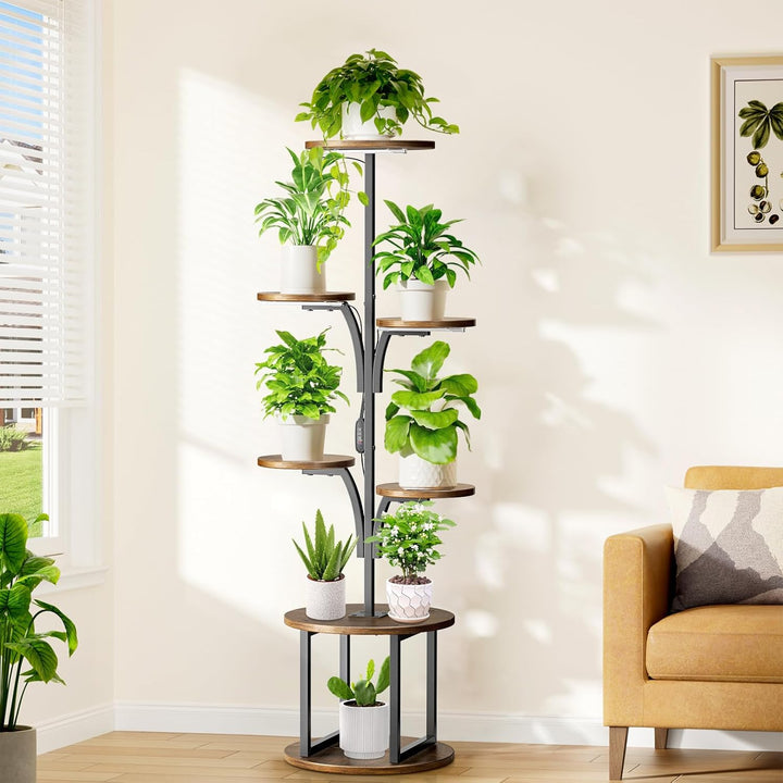 Pflanzenständer mit Wachstumslicht 7 Ebenen, Blumenständer Holz Metall für Innen & Balkon, Pflanzenr