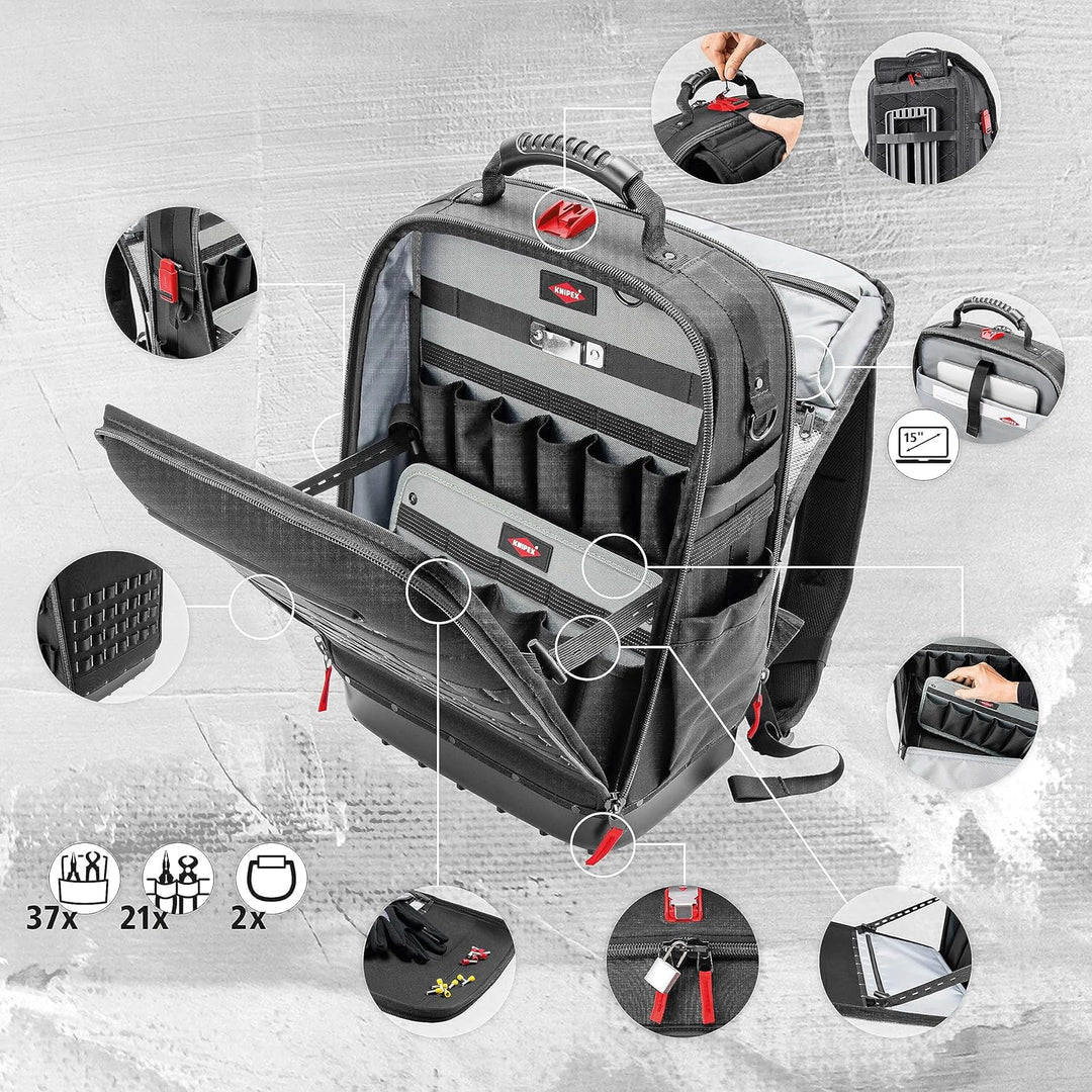 KNIPEX Modular X18 Werkzeugrucksack, leer, 58 Steckmöglichkeiten, 18 l Volumen, mit Laptop-Fach, sta