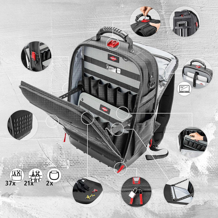 KNIPEX Modular X18 Werkzeugrucksack, leer, 58 Steckmöglichkeiten, 18 l Volumen, mit Laptop-Fach, sta
