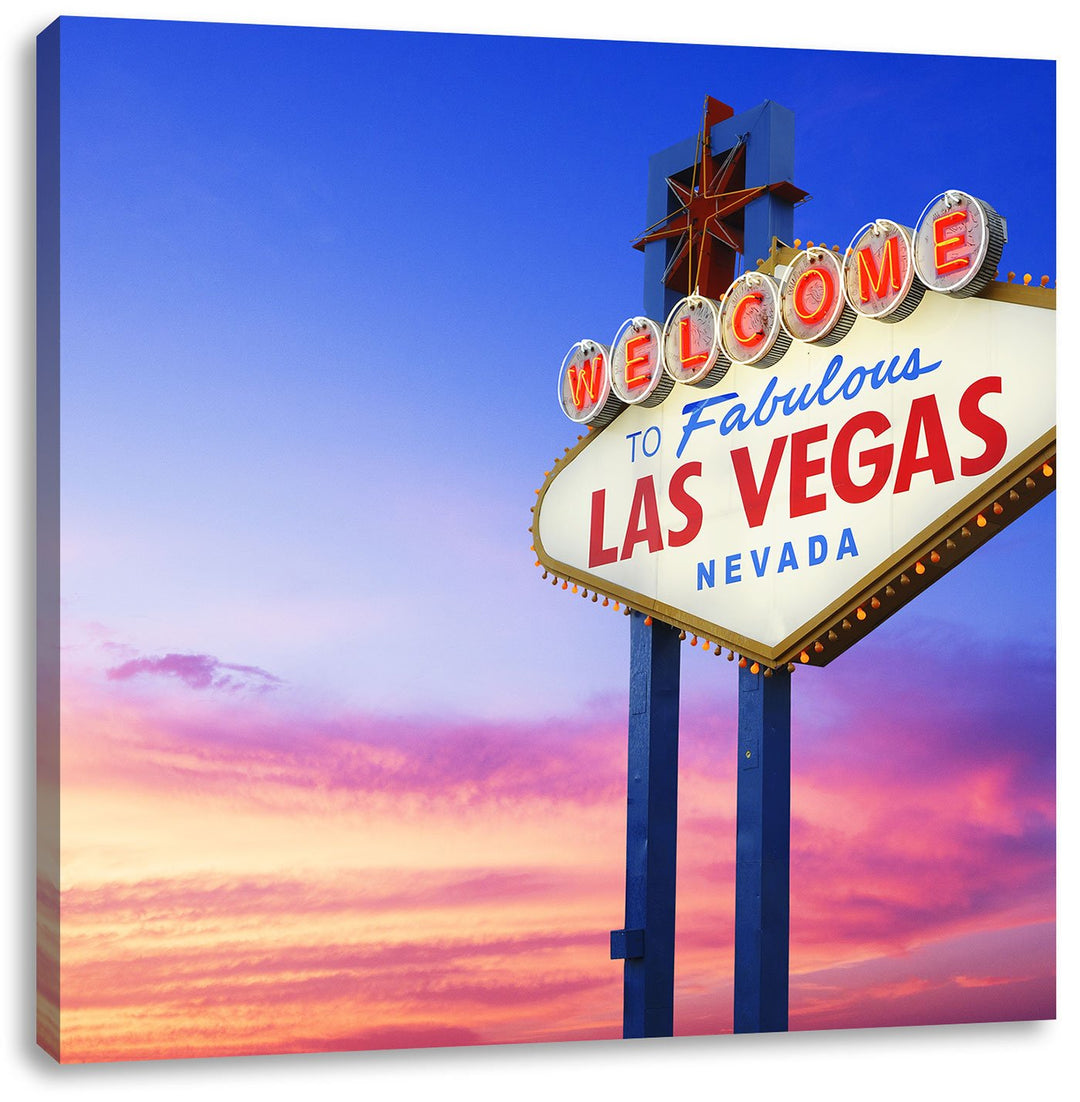 Pixxprint Las Vegas Schild in der Dämmerung als Leinwandbild/Grösse: 70x70 cm/Wandbild/Kunstdruck/fe