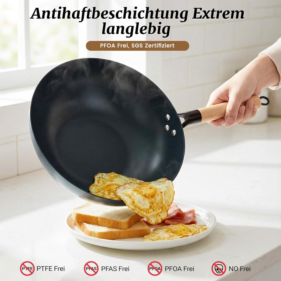 32cm Bratpfanne Wok mit Deckel Eisenpfanne: Massivholzgriff Induktionsgeeignet Geschmiedet Eisenpfan