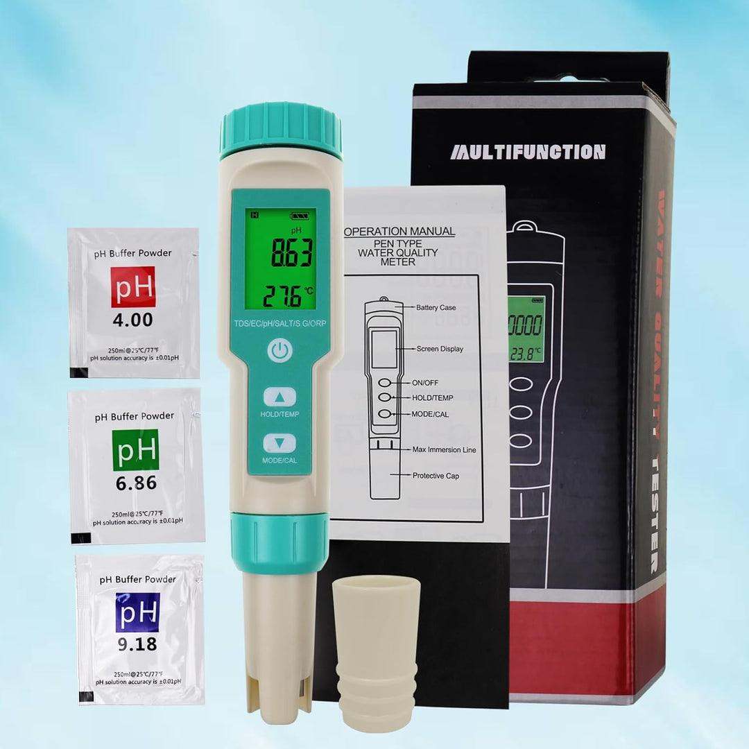 pH-Meter für Wasser: Digitaler 7-in-1-Wassertester mit pH-, TDS-, EC-, ORP-, Salz-, S.G- und Tempera