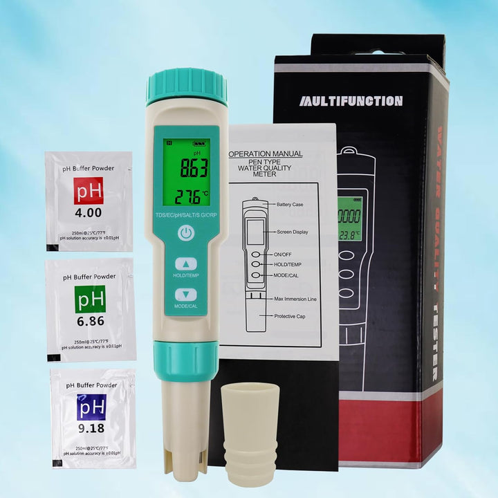 pH-Meter für Wasser: Digitaler 7-in-1-Wassertester mit pH-, TDS-, EC-, ORP-, Salz-, S.G- und Tempera