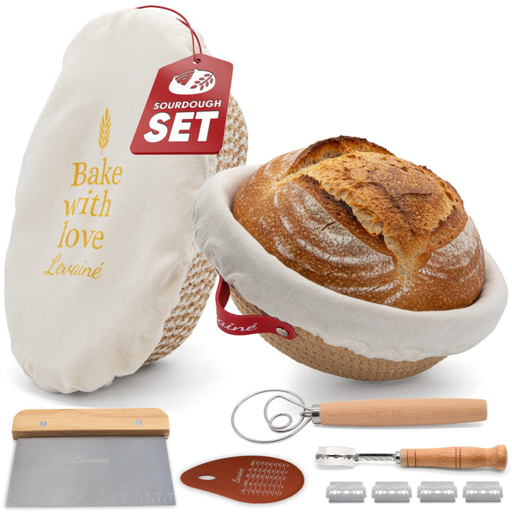 Levainé Sauerteig Starter Set mit Gärkörbchen Set (Rund & Oval) und Zubehör – Brot Backen Zubehör Se