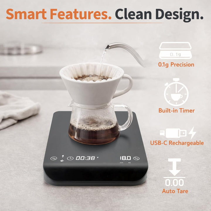 Kaffeewaage mit Timer für Espresso & Pour Over, 3 kg/0,1 g Präzisions-Digitalwaage, Auto-Timing, Tou