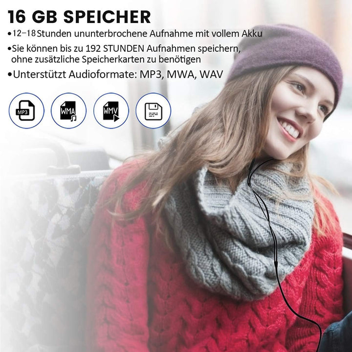 Mini Digitales Diktiergerät |16GB Audio Aufnahmegerät mit Stimmenaktivierung |192Stunden | One-Touch