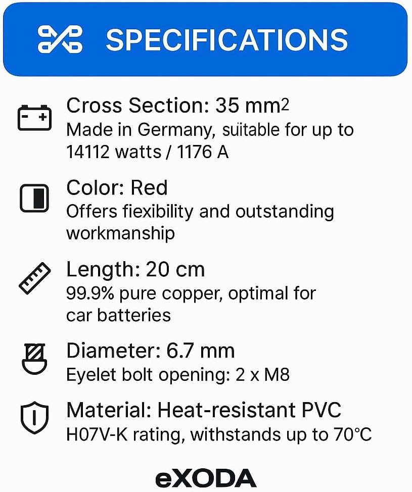 Exoda Batteriekabel 35 mm² 20cm M8 Rot flexibel 99 Prozent Kupfer Auto Boot Motorrad optimale Stromü