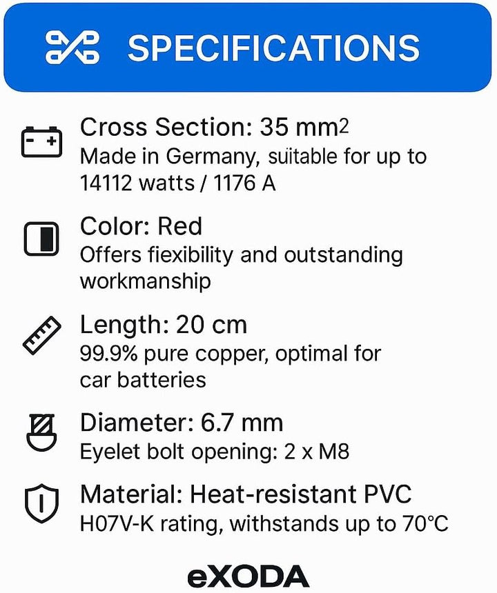 Exoda Batteriekabel 35 mm² 20cm M8 Rot flexibel 99 Prozent Kupfer Auto Boot Motorrad optimale Stromü