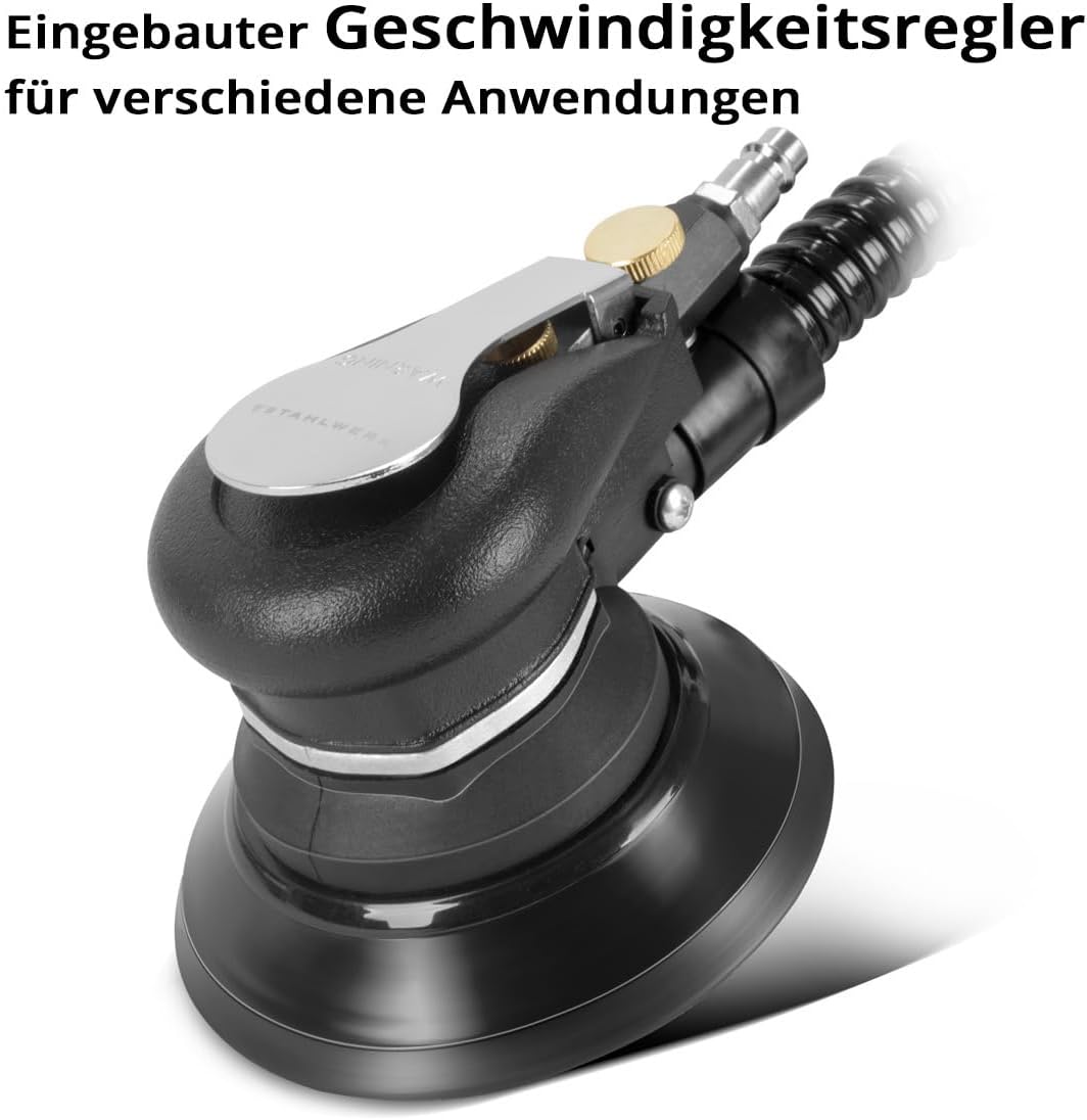 STAHLWERK Druckluft Exzenterschleifer DES-125 ST mit 14er Set Gitternetz-Klett-Schleifscheiben P60-P