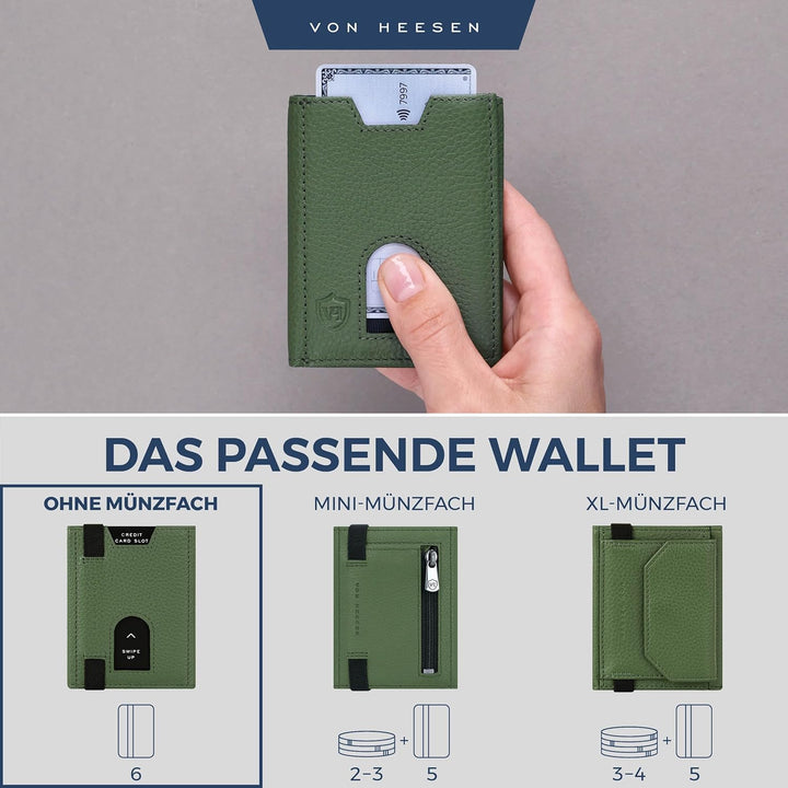 VON HEESEN Leder Slim Wallet - Geldbeutel mit RFID Schutz - Mini Geldbörse für Herren und Damen - Ka