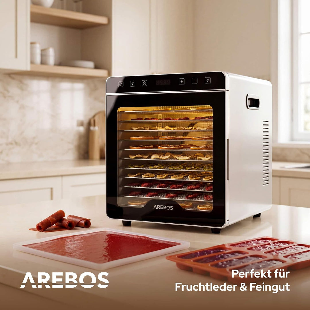 Arebos Dörrautomat Edelstahl 800W | Dehydrator mit 12 Gittern & 29L | Dörrgerät für Obst, Gemüse, Kr