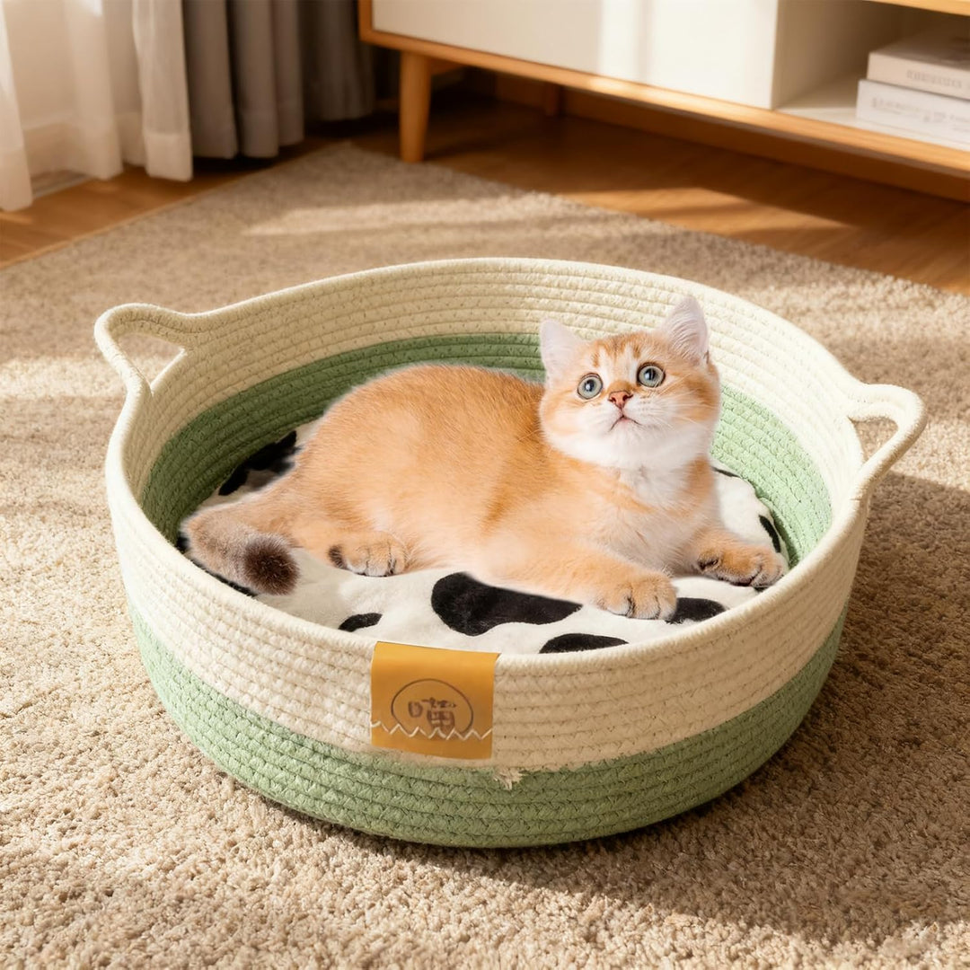 Katzenbett Waschbar aus Baumwollseilen, 40cm Katzenkörbchen mit Baumwollekissen, Katzenkorb Geflocht