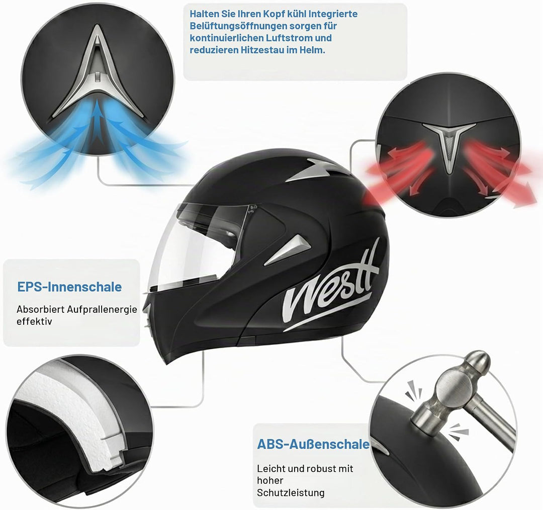 Westt Motorradhelm Herren Damen Integralhelm Klapphelm Flip-up Motorrad Jethelm Chopper Mofa Moped R