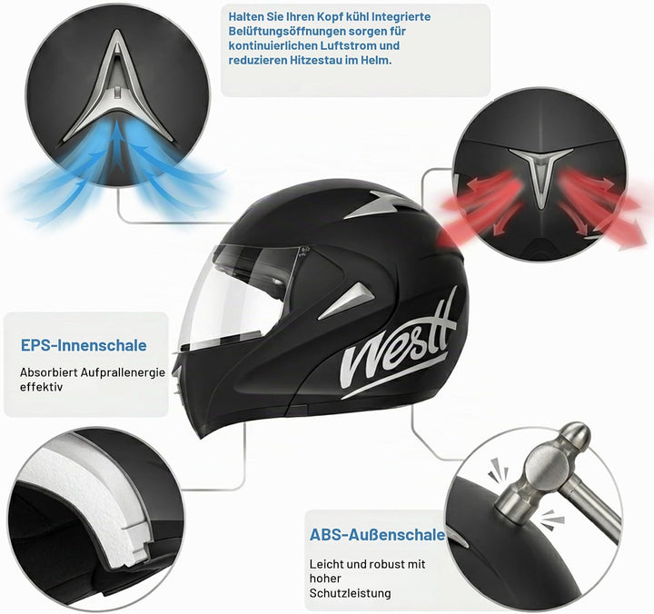Westt Motorradhelm Herren Damen Integralhelm Klapphelm Flip-up Motorrad Jethelm Chopper Mofa Moped R