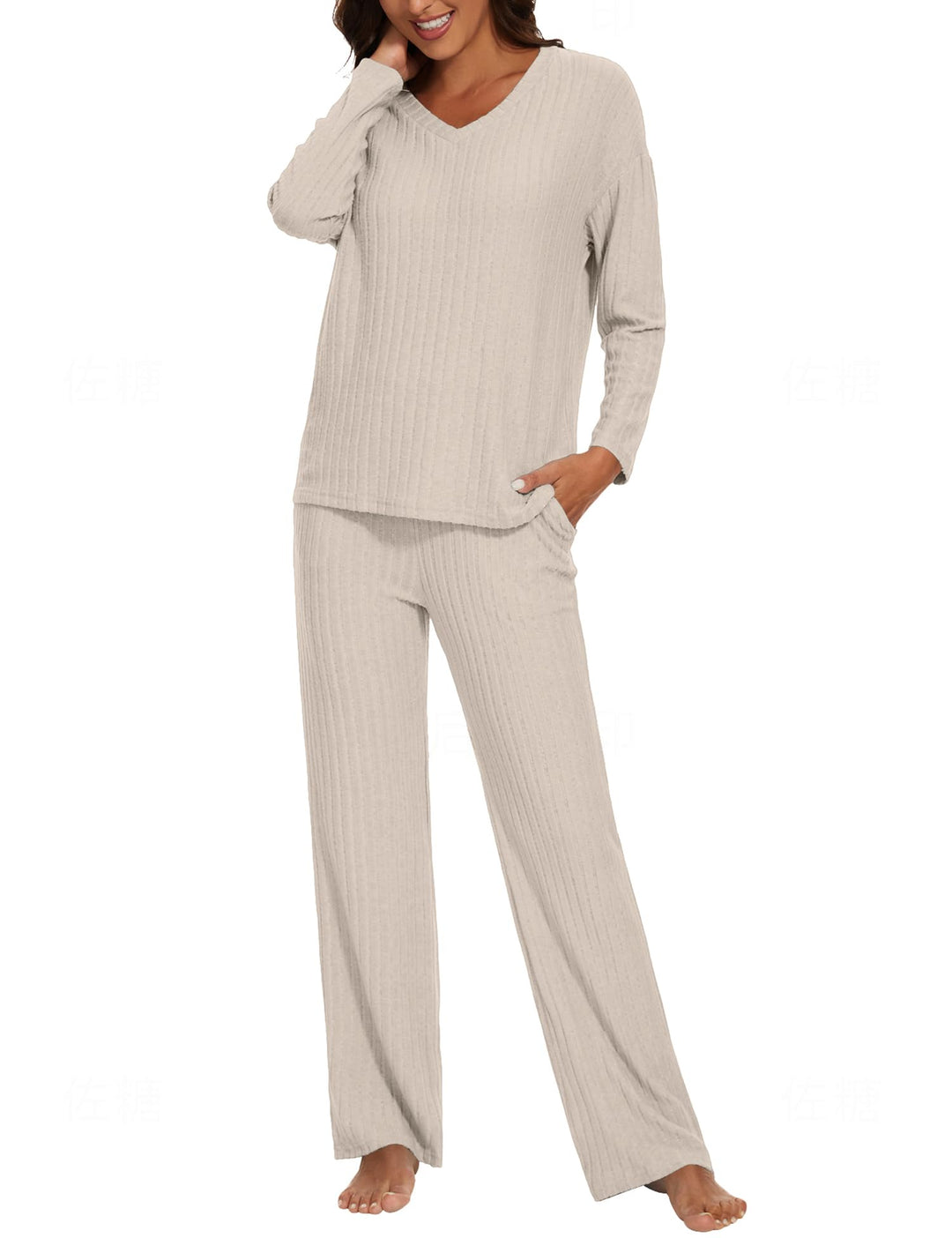 Schlafanzug Damen Lang Zweiteiler Nachtwäsche Warm Pyjama Set mit V-Ausschnitt Top und Hosen mit Tas