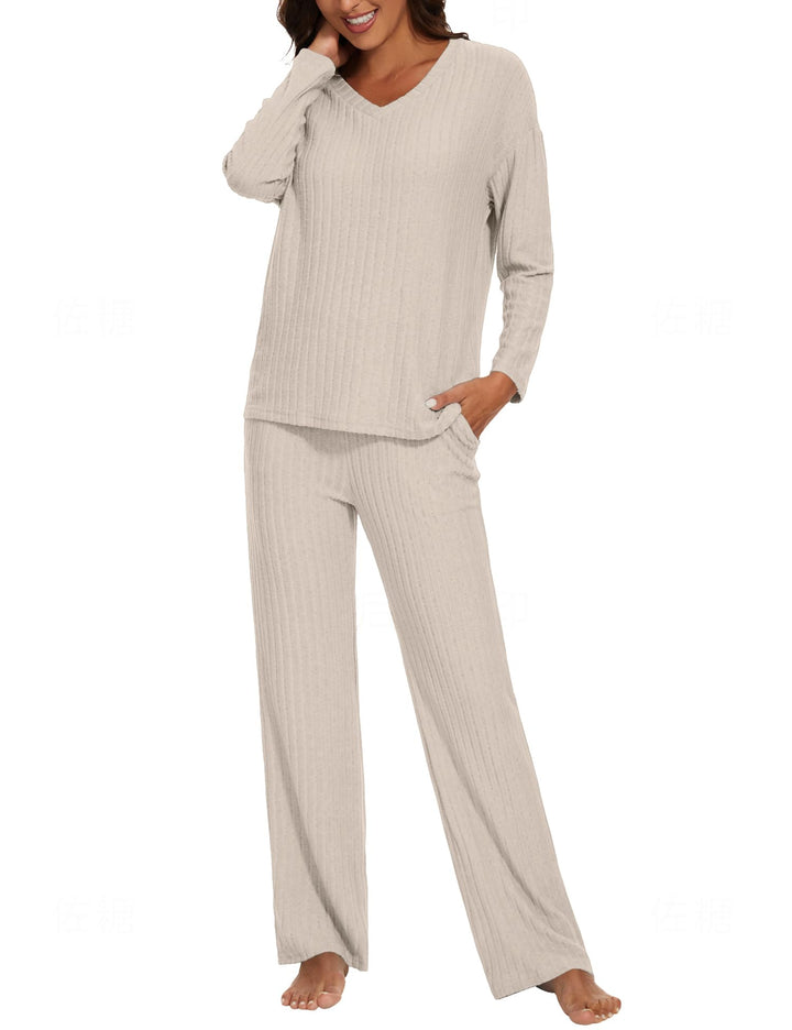 Schlafanzug Damen Lang Zweiteiler Nachtwäsche Warm Pyjama Set mit V-Ausschnitt Top und Hosen mit Tas