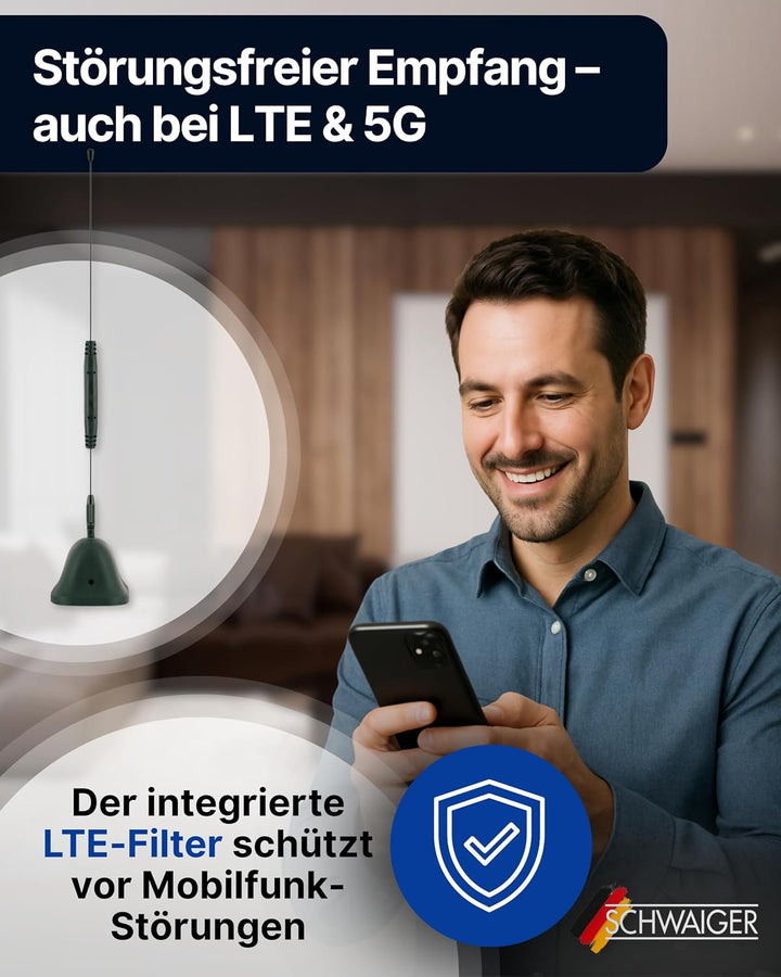 SCHWAIGER 20303 DVB-T2 Zimmerantenne passiv digital Empfänger Verstärker Antenne Indoor HD Empfang L