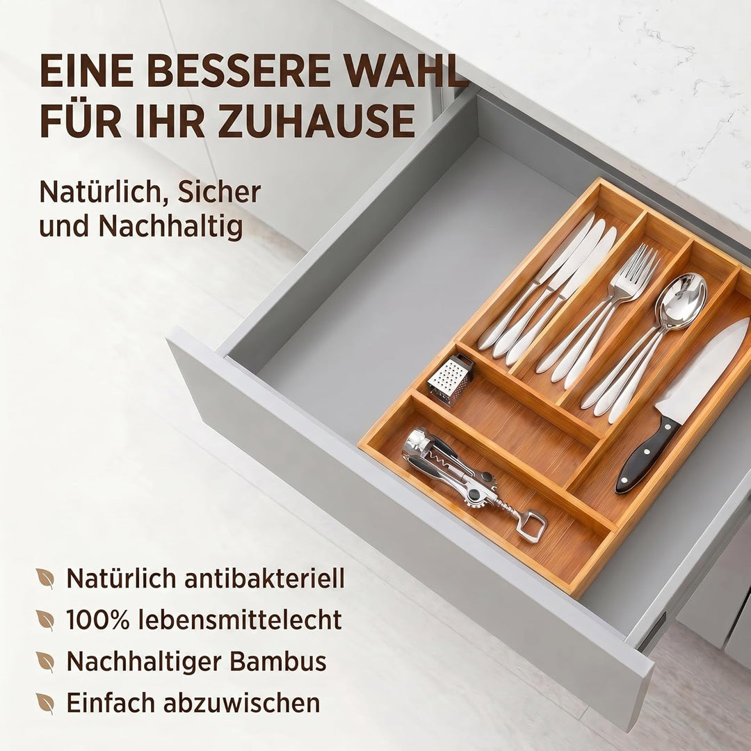 Dimono® Schubladeneinsatz Besteckeinsatz aus Bambus-Holz Schubladen; 7-9 Fächer Ordnungssystem Flexi