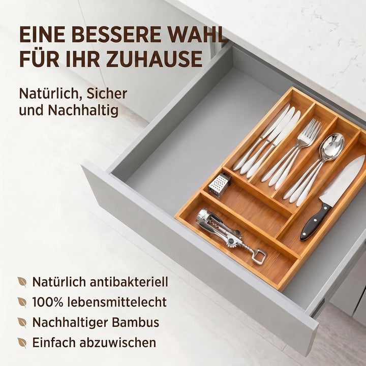 Dimono® Schubladeneinsatz Besteckeinsatz aus Bambus-Holz Schubladen; 7-9 Fächer Ordnungssystem Flexi