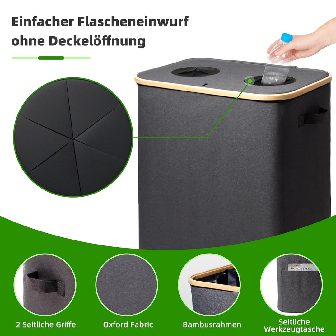 140L Pfandflaschen Sammelbehälter mit Deckel & XXL Tragetaschen, Flaschensammler für Leergut & Altgl