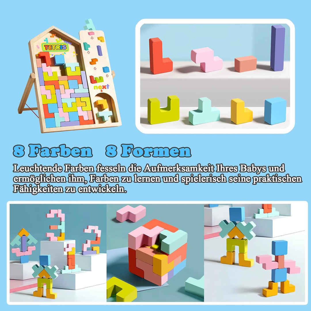 Montessori Tetris Holzspiel, Holz Tetris Stapelpuzzle mit Halterung, Eltern Kind Interaktives Holzpu