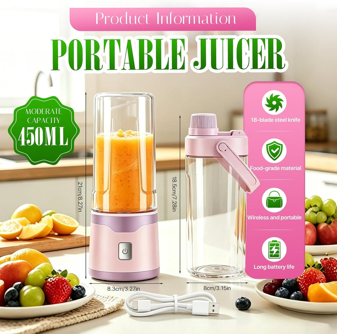 Mixer to Go, Tragbarer Schneller Mixer Smoothie Maker, 18-Blatt Edelstahlklingen, 450ml USB-C Wieder