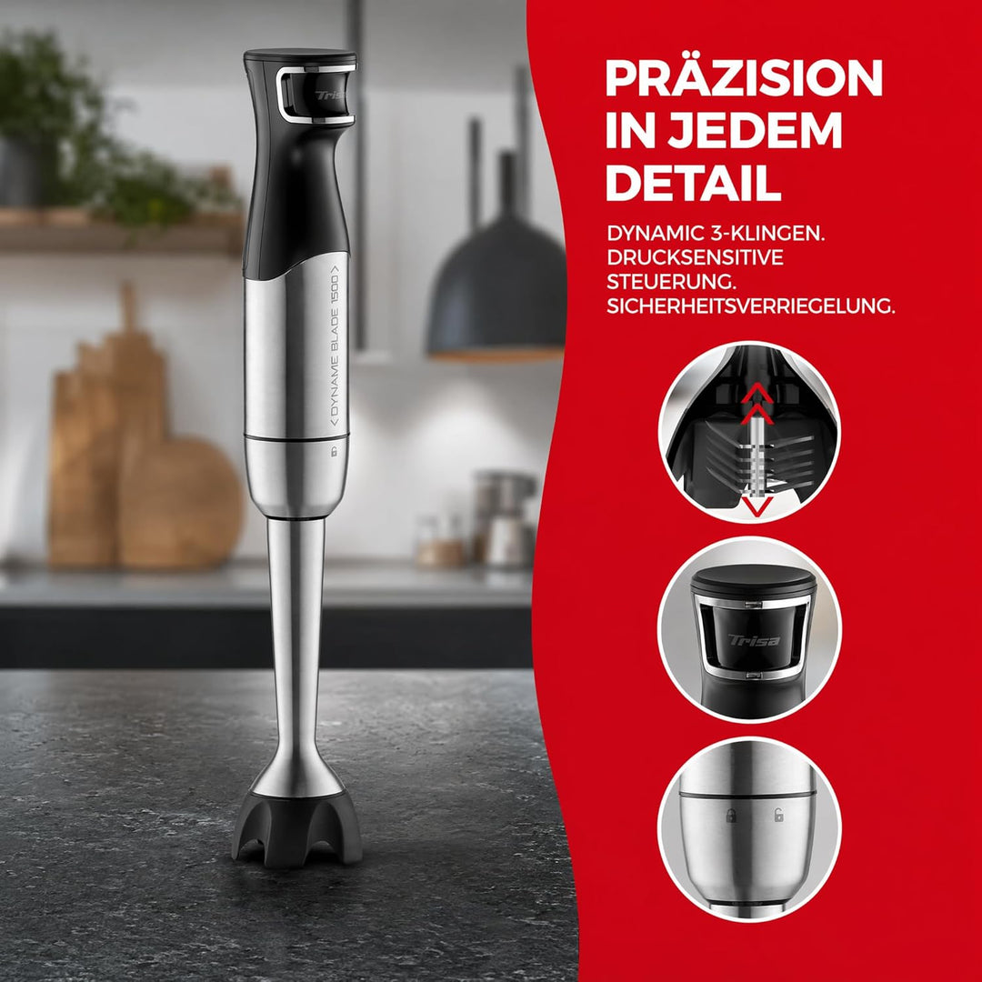 Trisa 4-in-1 Stabmixer Set Dynamic Blade 1500W – Leistungsstarker Pürierstab mit drucksensitiver Mes