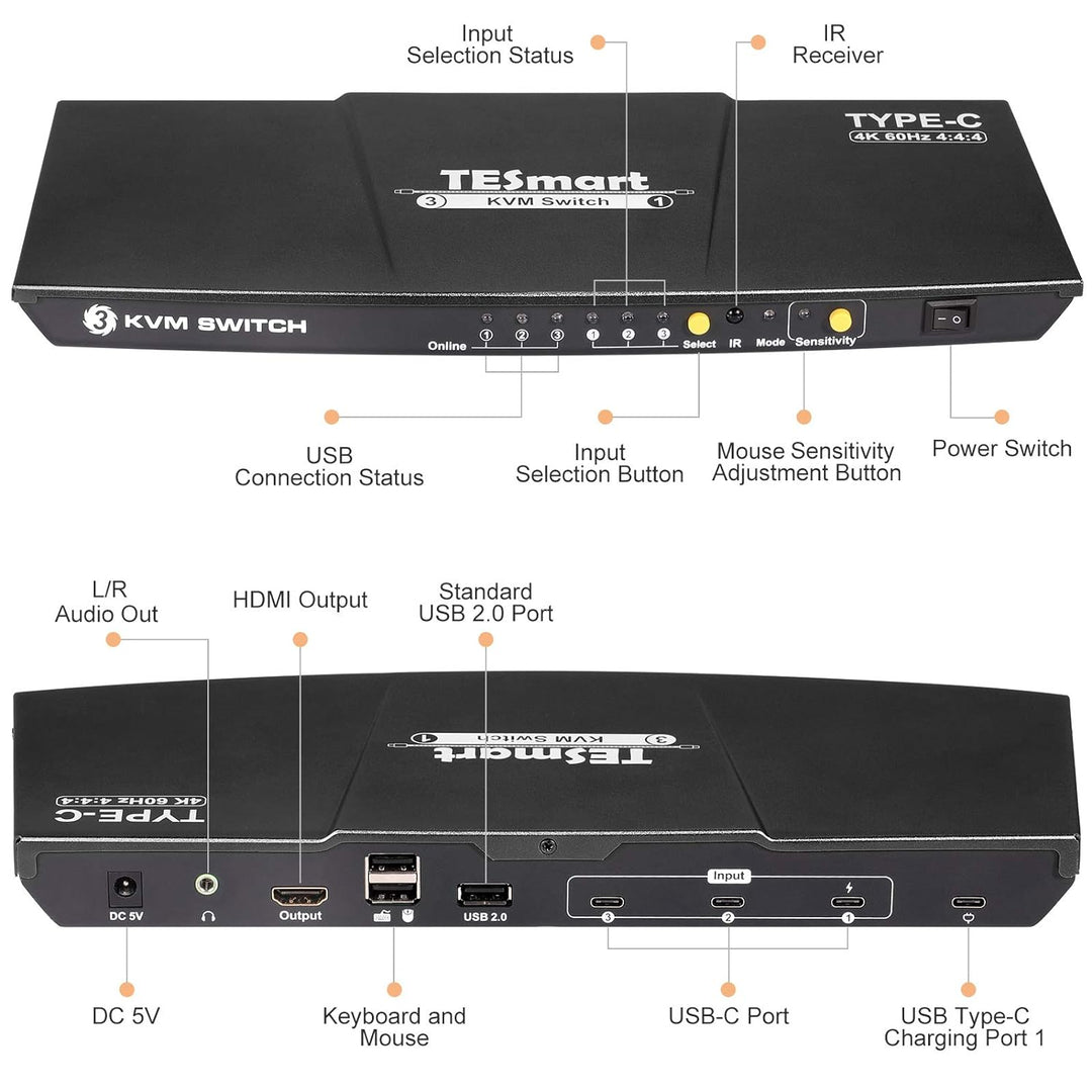TESmart 3 Port USB Type C KVM Switch 4K@60Hz 4:4:4 Ultra HD | 3x1 USB C KVM-Umschalter 3 in 1 out Un