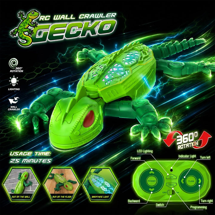 Gecko Wandflitzer, Ferngesteuerte Eidechse Wand Klettern, mit Leuchtenden LED-Augen, 360° Drehbar, K