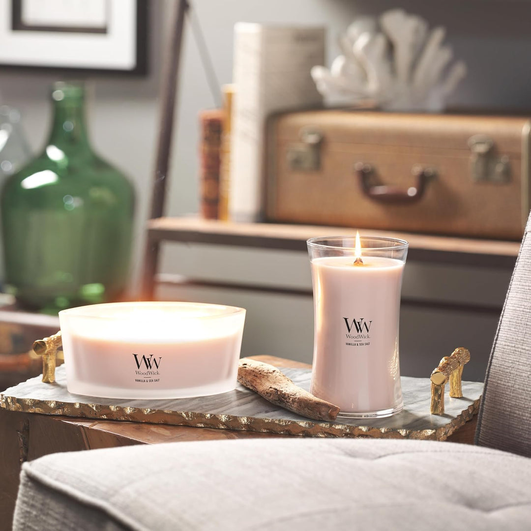 Grosse WoodWick Duftkerze im Sanduhrglas mit knisterndem Docht, Vanilla & Sea Salt, bis zu 130 Stund