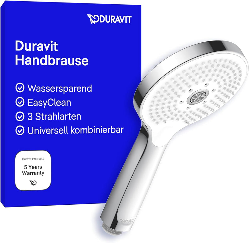 Duravit Universal Duschkopf, Duschbrause mit 3 Strahlarten (Rain, Pulse, Mono), Handbrause rund (Ø 1