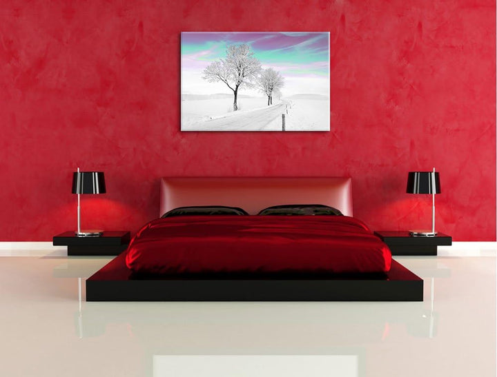 Schneebedeckter Baum in schöner Winterlandschaft schwarz/weiss Format: 100x70 auf Leinwand, XXL ries