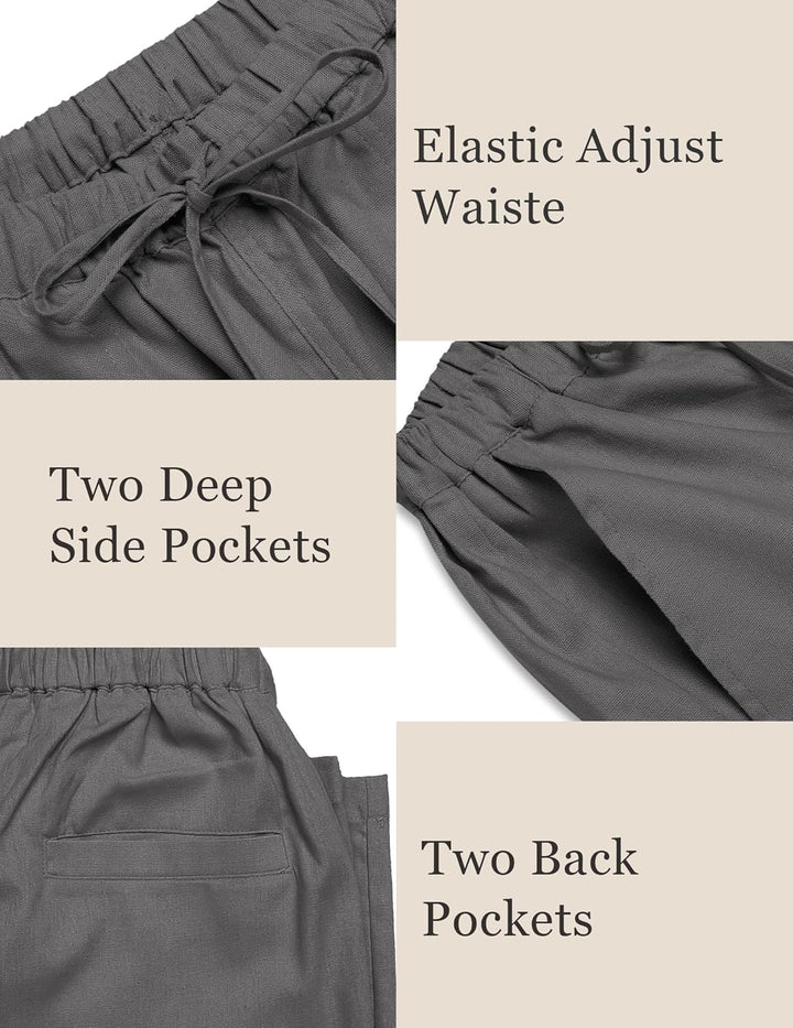 COOFANDY Herren Leinenhose mit Kordelzug Leicht Sommerhose Freizeithose Strandhose Urlaub Einfarbig