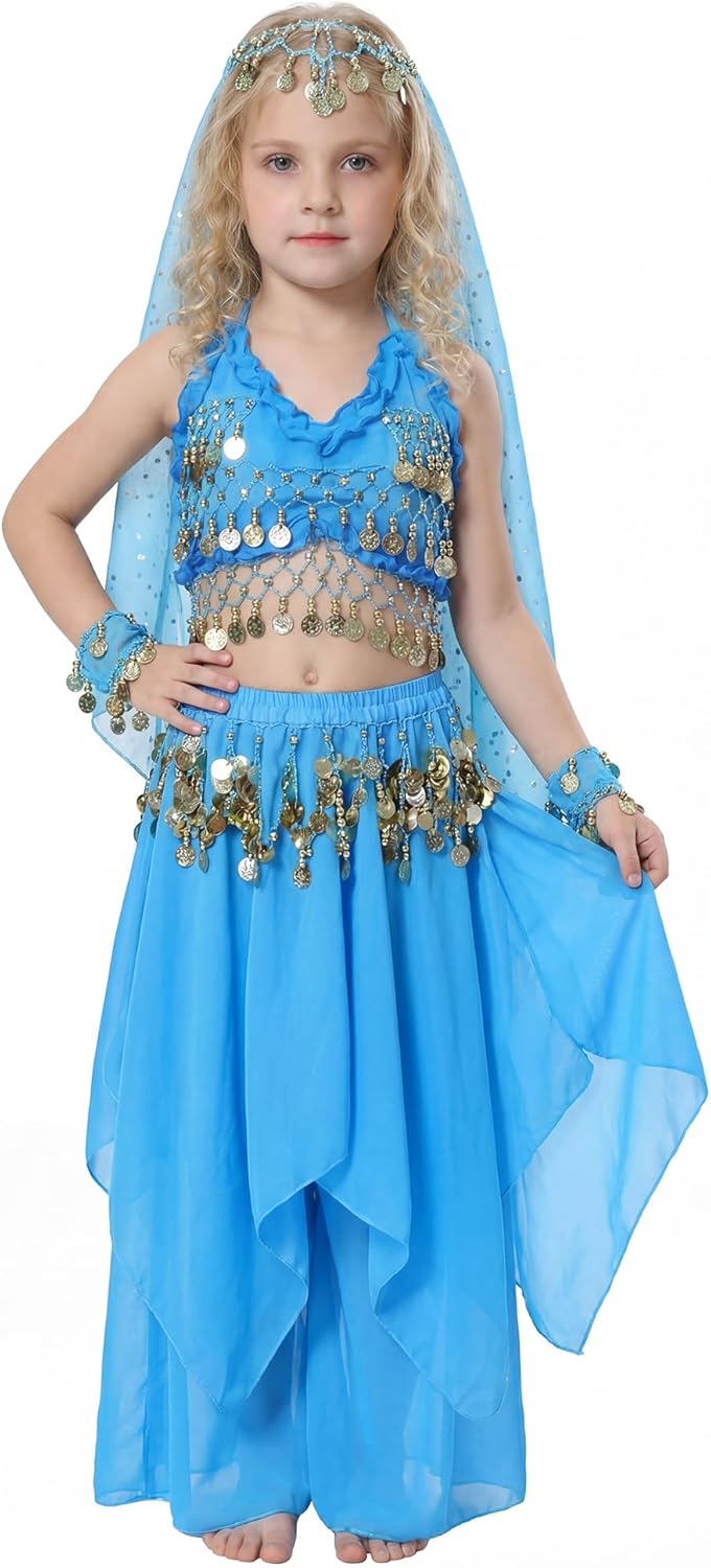Fairycos Bauchtänzerin Kostüm Kinder 1001 Nacht Kostüme Mädchen Faschingskostüm Eisblau 128-134, Eis