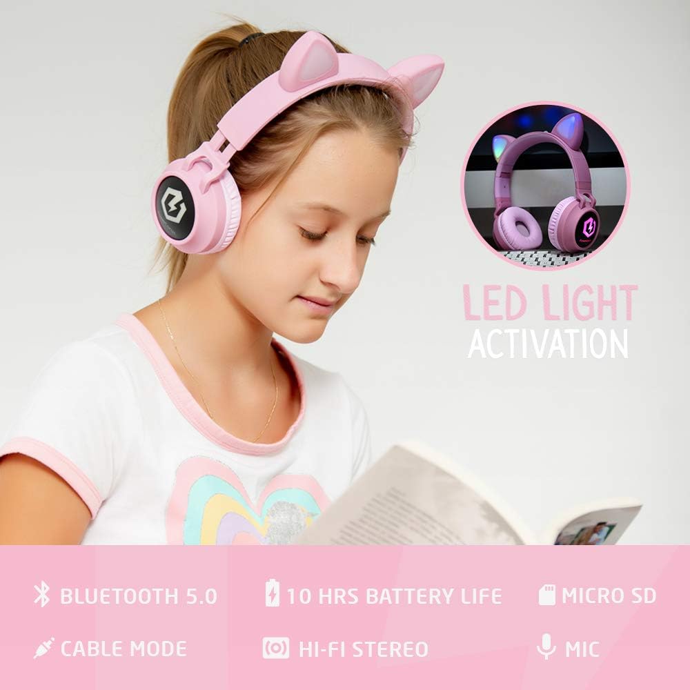 PowerLocus Bluetooth Kopfhörer Kinder, LED Katzenohren, 85dB Sichere Lautstärke, Bluetooth 5.3, Micr