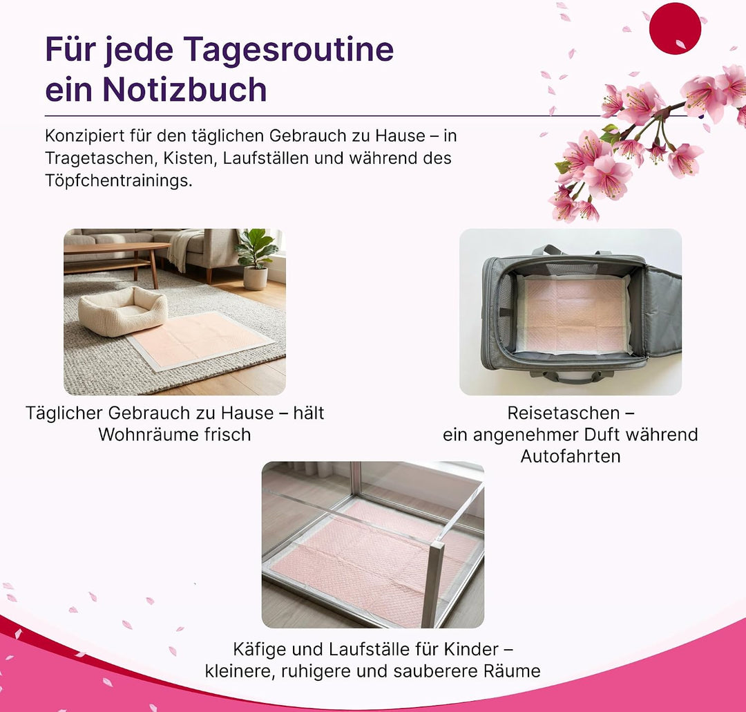 Trainingsunterlagen mit Sakura-Duft, 100 Stück, 32×44 cm, Mehrschicht-Absorptionskern, wasserdichte