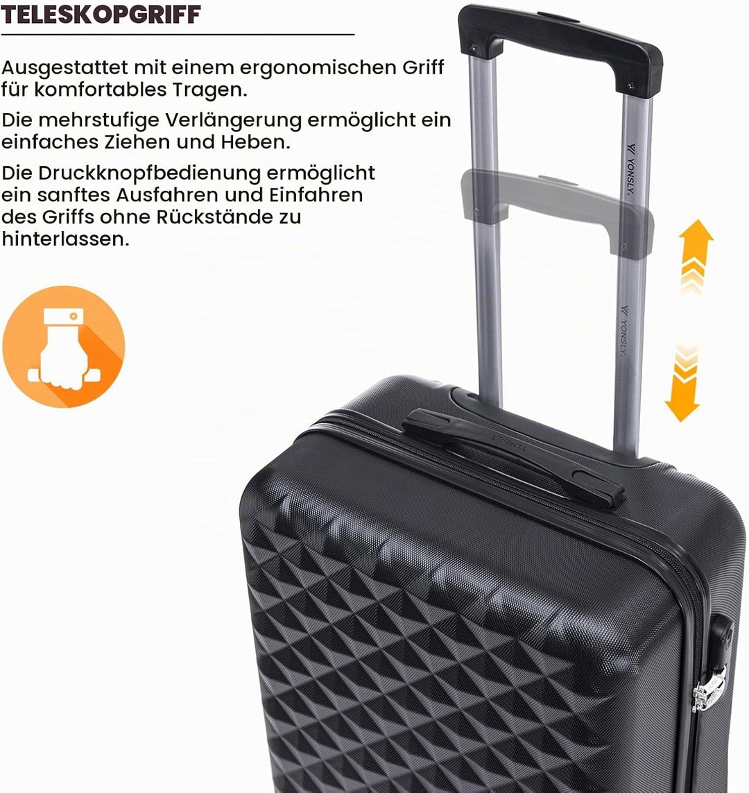 Koffer Suitcase M Schwarz, Trolley Reisekoffer, Kabinenkoffer Rollkoffer Handgepäck mit 4 Rollen 360